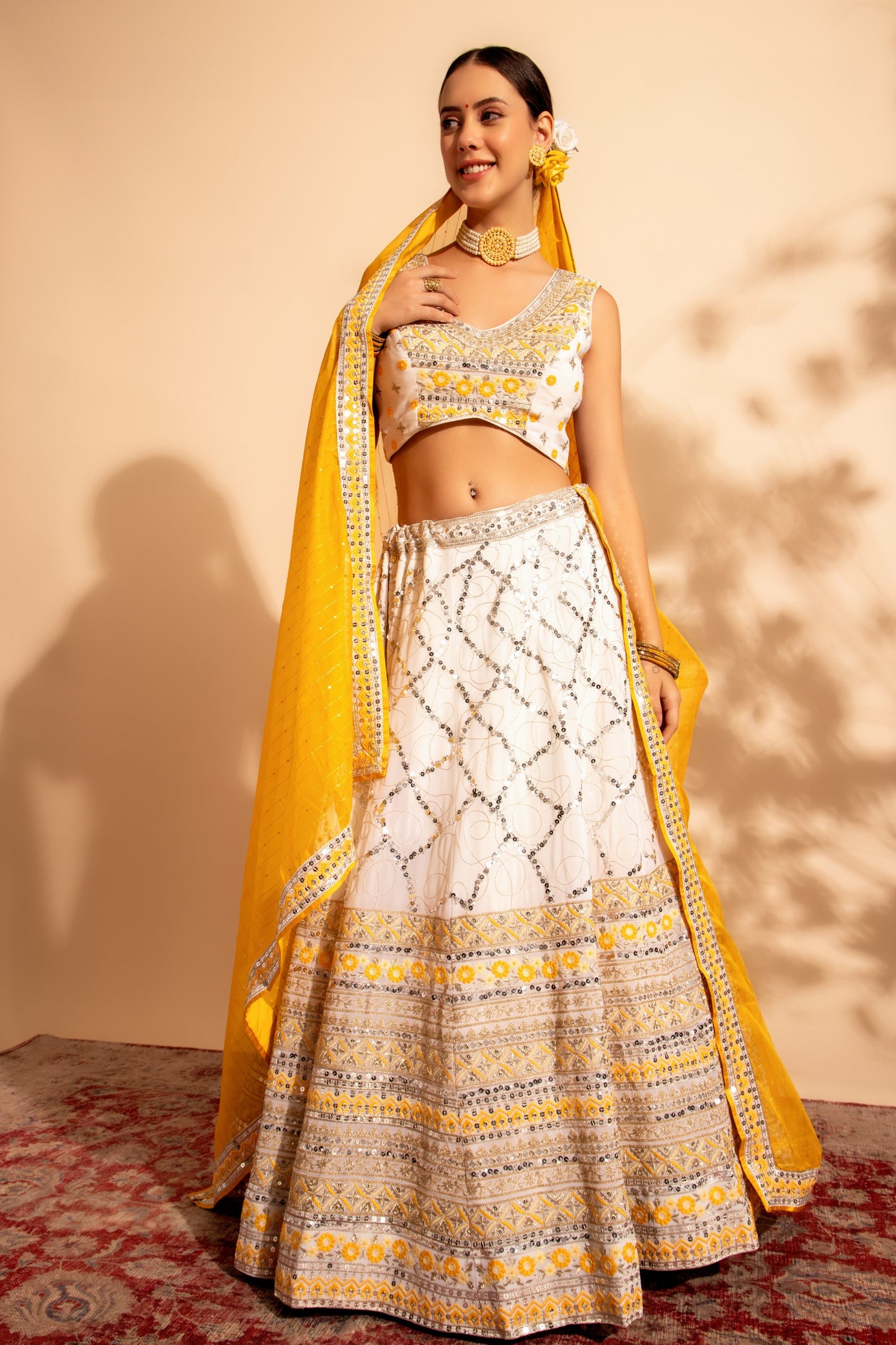 Yellow Georgette Lehenga Choli For Indian Festivals & Wedding - Thread Embroidery Work, Sequence Embroidery Work