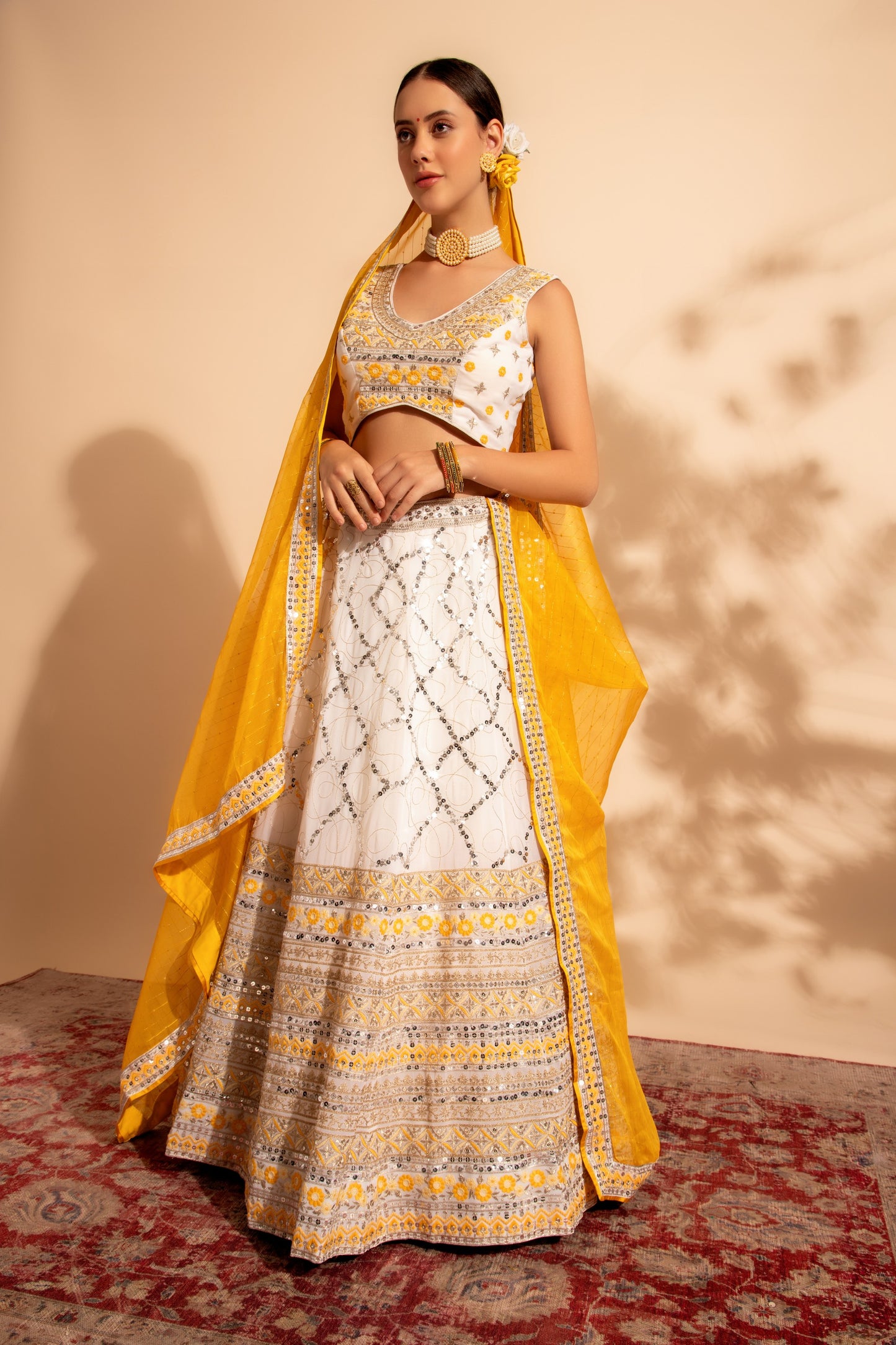 Yellow Georgette Lehenga Choli For Indian Festivals & Wedding - Thread Embroidery Work, Sequence Embroidery Work