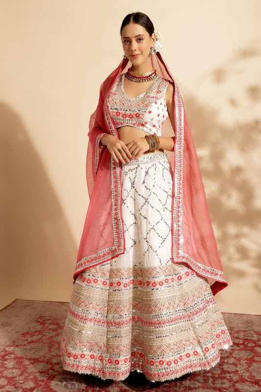 Reddish Pink Georgette Lehenga Choli For Indian Festivals & Wedding - Thread Embroidery Work, Sequence Embroidery Work
