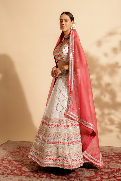 Reddish Pink Georgette Lehenga Choli For Indian Festivals & Wedding - Thread Embroidery Work, Sequence Embroidery Work