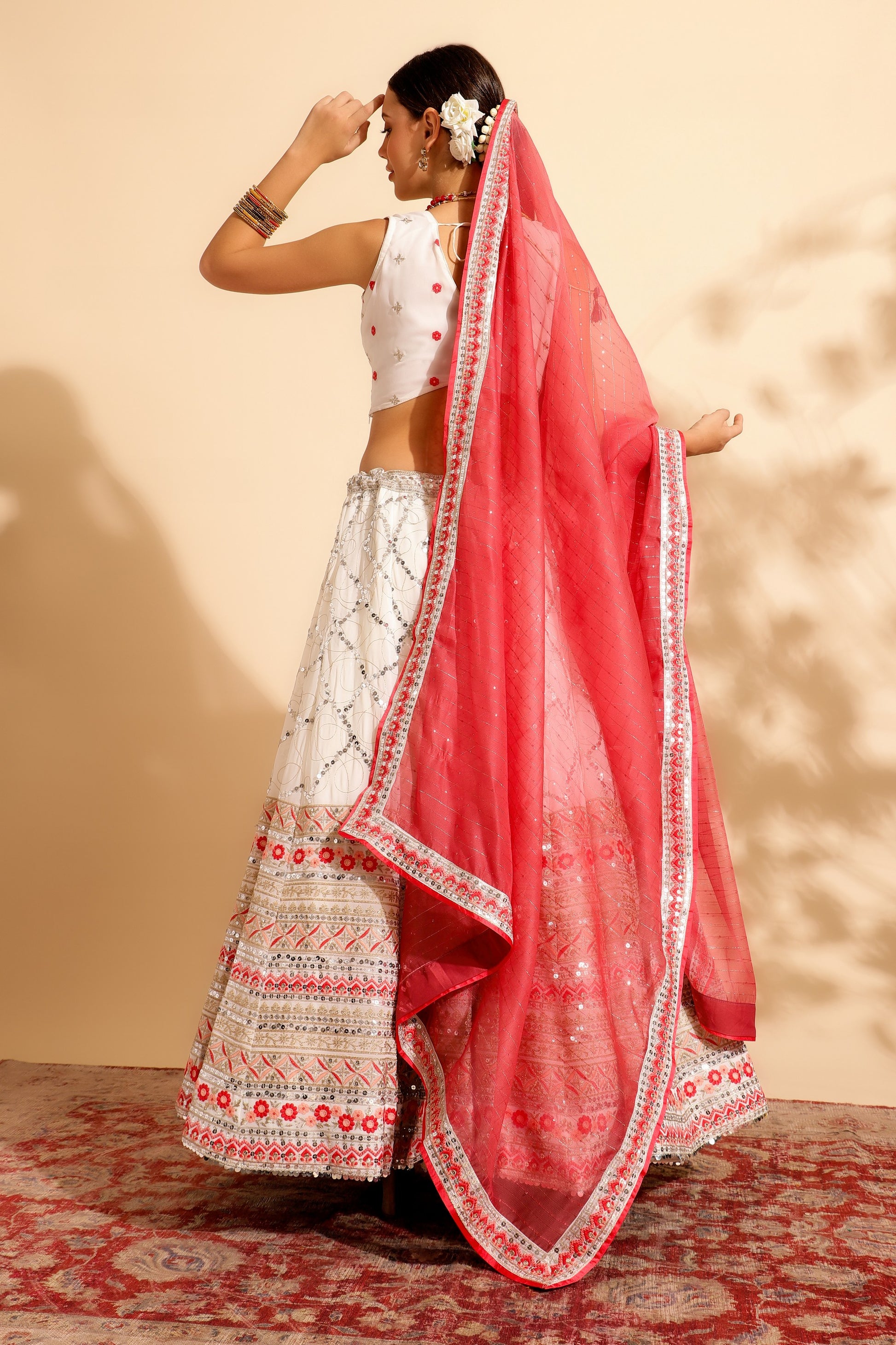 Reddish Pink Georgette Lehenga Choli For Indian Festivals & Wedding - Thread Embroidery Work, Sequence Embroidery Work