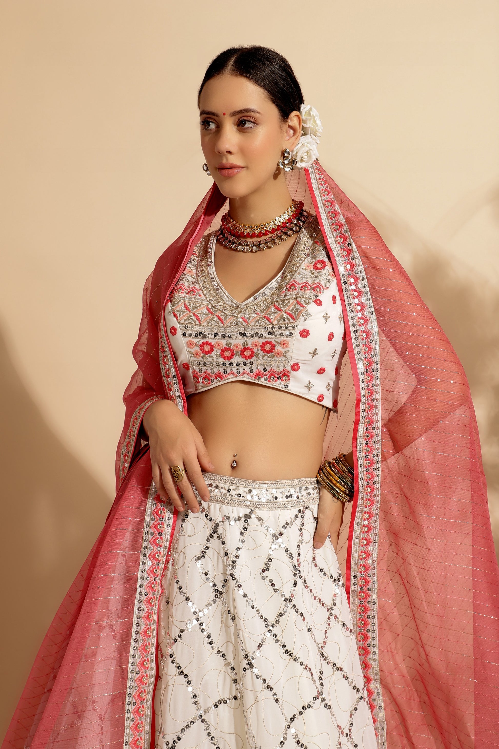 Reddish Pink Georgette Lehenga Choli For Indian Festivals & Wedding - Thread Embroidery Work, Sequence Embroidery Work