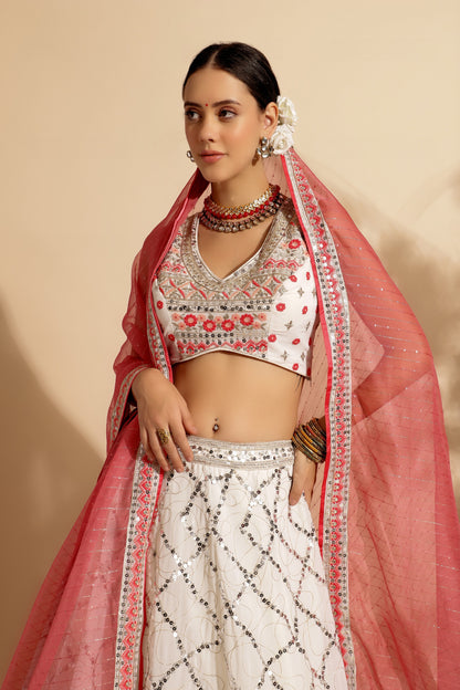 Reddish Pink Georgette Lehenga Choli For Indian Festivals & Wedding - Thread Embroidery Work, Sequence Embroidery Work