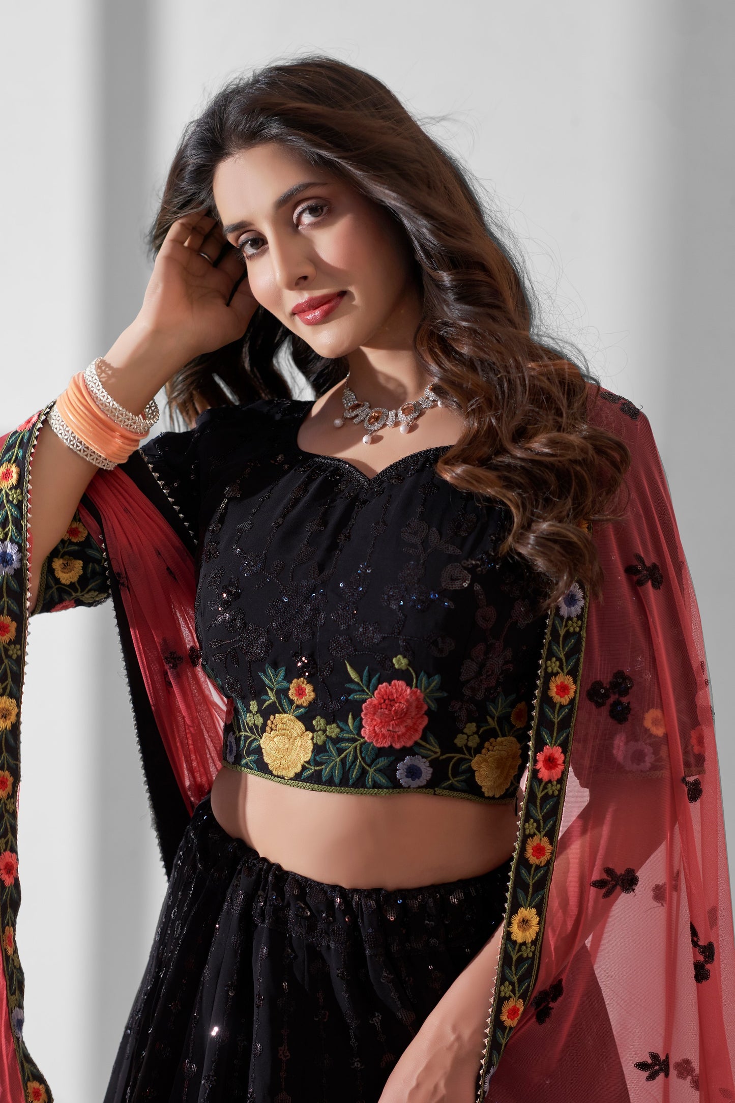 Black Georgette Flower Embroidered Lehenga Choli For Indian Festivals & Weddings - Sequence Embroidery Work, Thread Embroidery Work