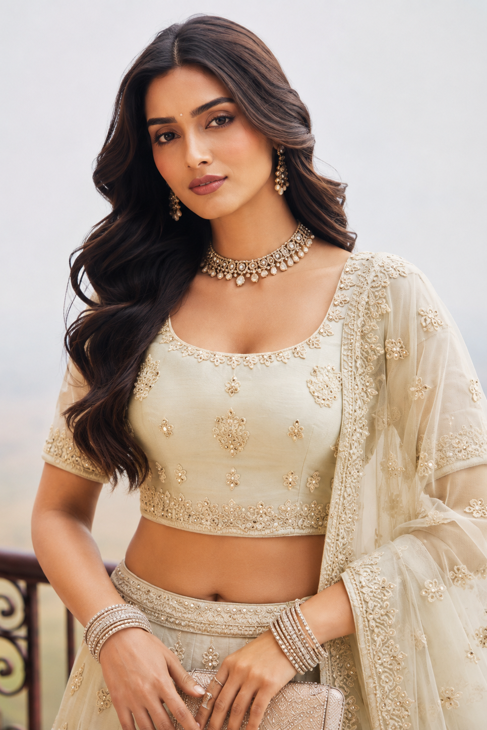 Upper view of an off white lehenga for wedding guest outfit showing the half sleeve round neck choli with embroidery work detail.