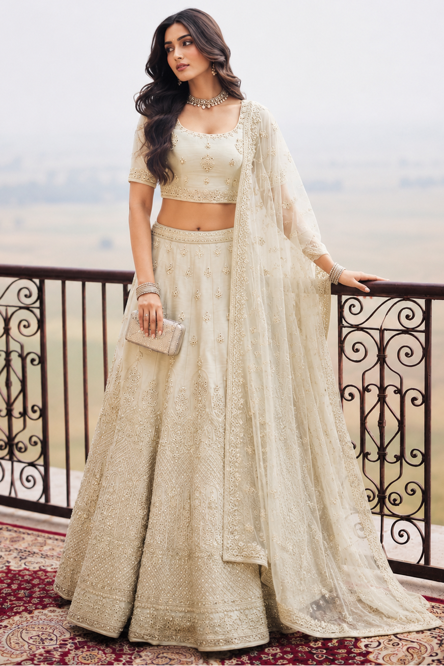 A woman models a traditional Indian ethnic wear lehenga consisting of a embroidered blouse, matching flared skirt, and a sheer embroidered dupatta, standing on a balcony with a scenic background.