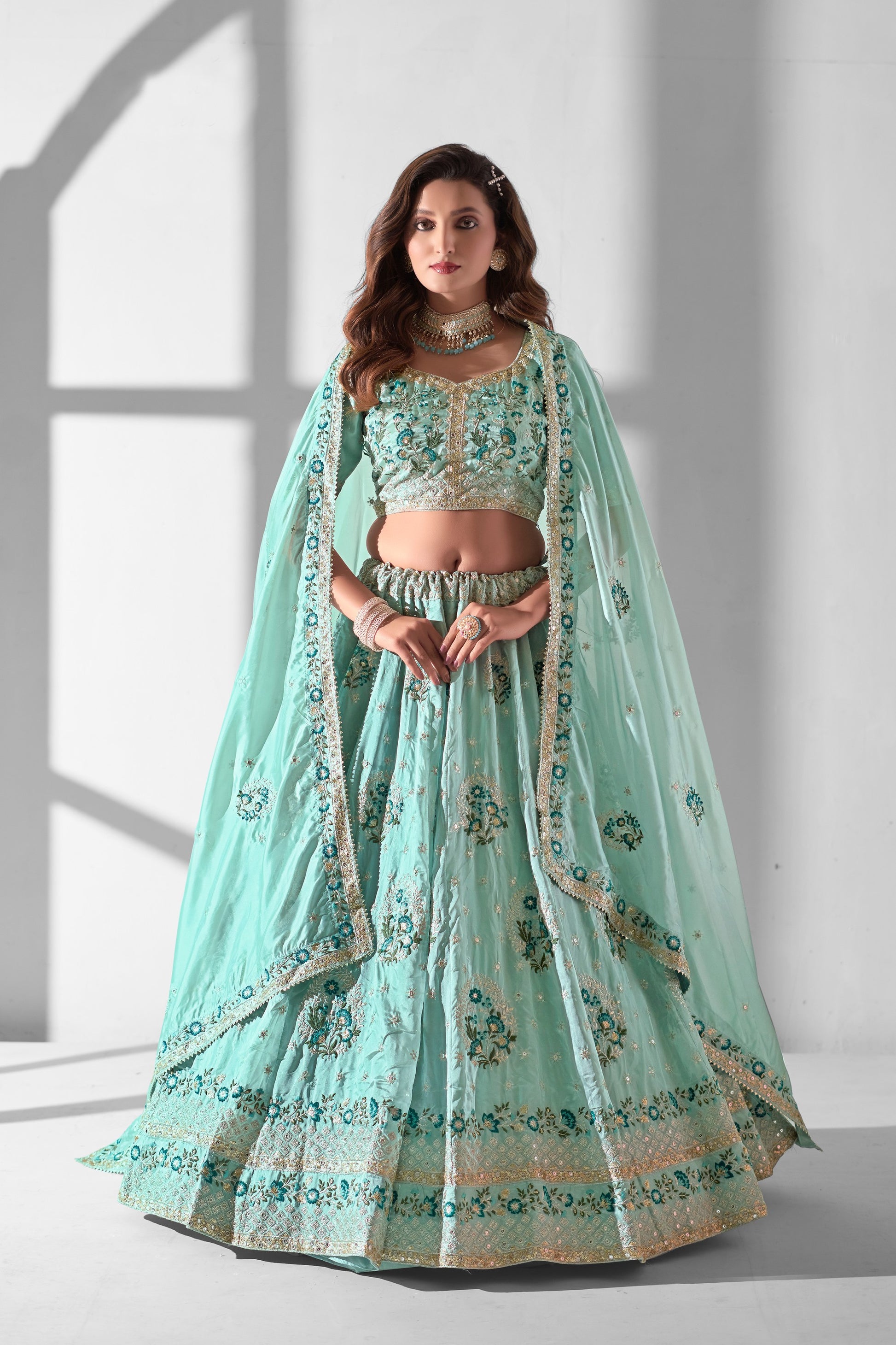 Sky Blue Organza Flower Embroidered Lehenga Choli For Indian Festivals & Weddings - Sequence Embroidery Work, Thread Embroidery Work