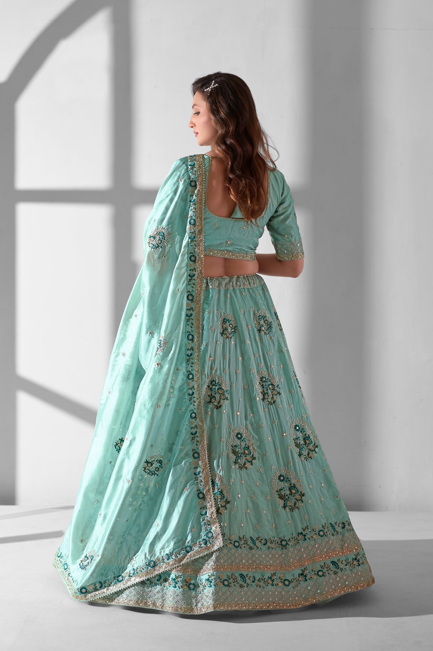 Sky Blue Organza Flower Embroidered Lehenga Choli For Indian Festivals & Weddings - Sequence Embroidery Work, Thread Embroidery Work