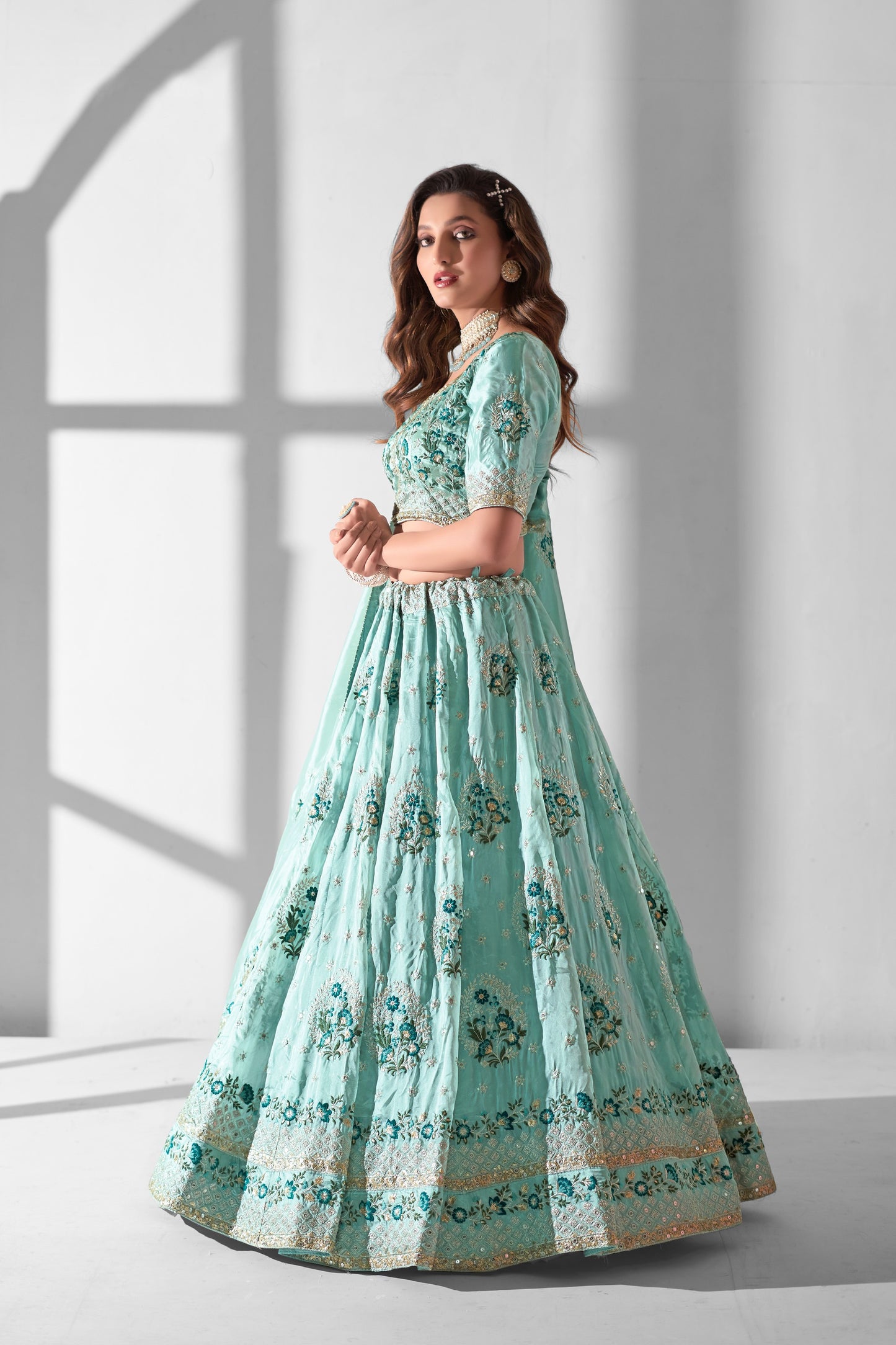 Sky Blue Organza Flower Embroidered Lehenga Choli For Indian Festivals & Weddings - Sequence Embroidery Work, Thread Embroidery Work