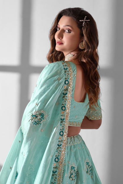 Sky Blue Organza Flower Embroidered Lehenga Choli For Indian Festivals & Weddings - Sequence Embroidery Work, Thread Embroidery Work