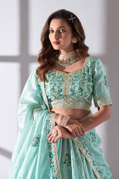 Sky Blue Organza Flower Embroidered Lehenga Choli For Indian Festivals & Weddings - Sequence Embroidery Work, Thread Embroidery Work