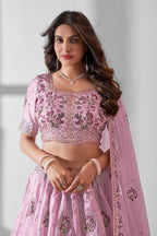 Light Pink Blue Organza Flower Embroidered Lehenga Choli For Indian Festivals & Weddings - Sequence Embroidery Work, Thread Embroidery Work