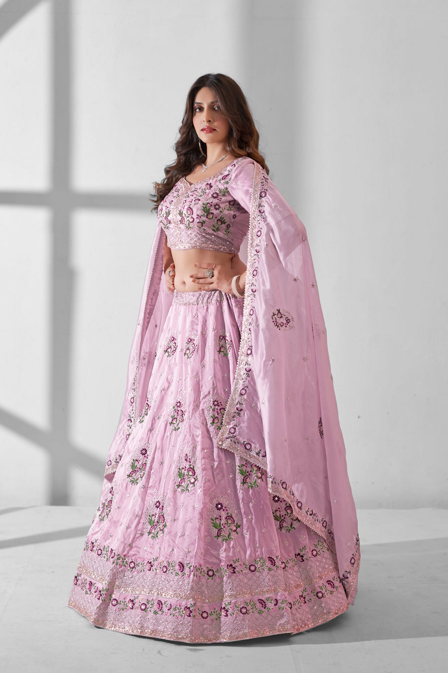 Light Pink Blue Organza Flower Embroidered Lehenga Choli For Indian Festivals & Weddings - Sequence Embroidery Work, Thread Embroidery Work