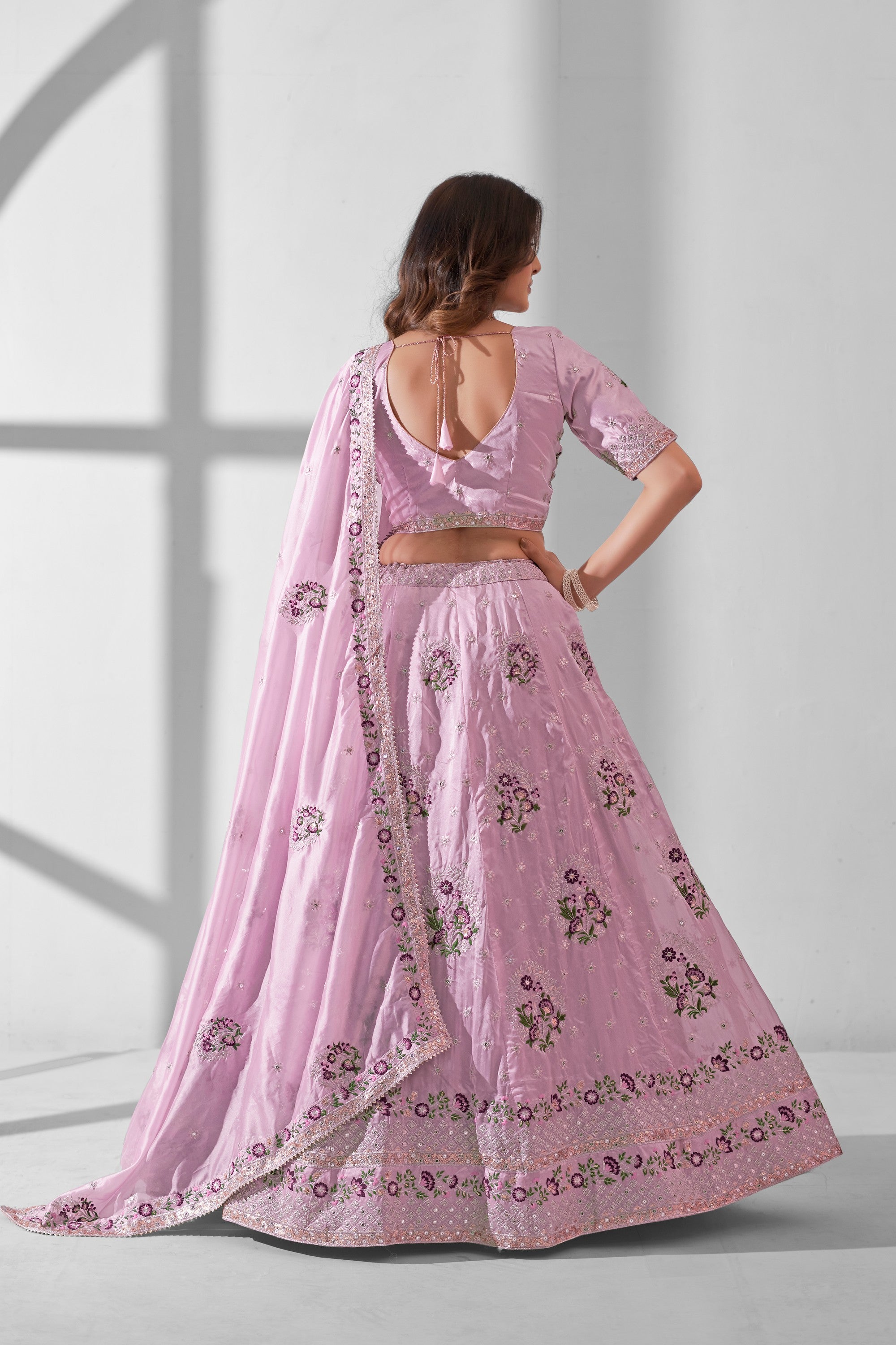 Light Pink Blue Organza Flower Embroidered Lehenga Choli For Indian Festivals & Weddings - Sequence Embroidery Work, Thread Embroidery Work