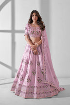 Light Pink Blue Organza Flower Embroidered Lehenga Choli For Indian Festivals & Weddings - Sequence Embroidery Work, Thread Embroidery Work