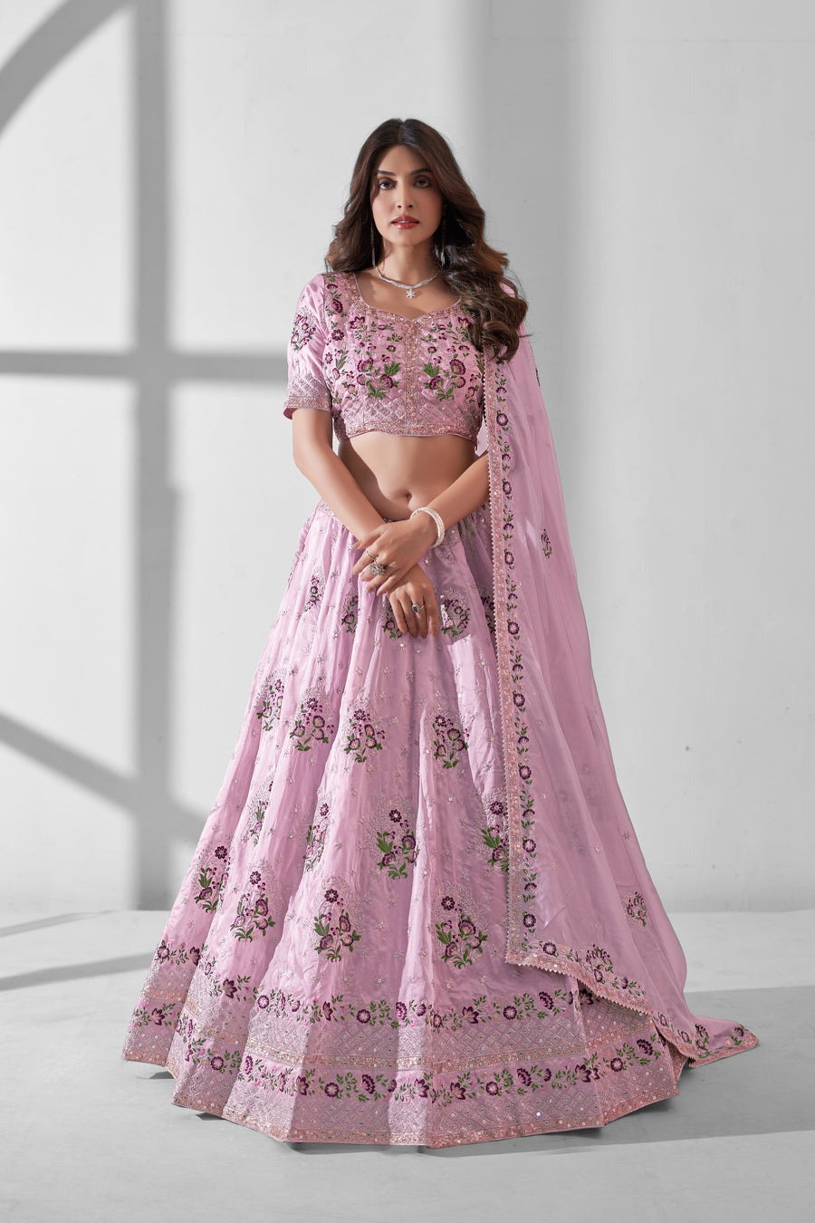 Light Pink Blue Organza Flower Embroidered Lehenga Choli For Indian Festivals & Weddings - Sequence Embroidery Work, Thread Embroidery Work