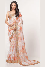 White Organza Silk Floral Saree Blouse With Underskirt & Fall Pico For Indian & Pakistani Wedding Festival - Sequins & Thread Embroidery Work, Print Work