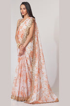 White Organza Silk Floral Saree Blouse With Underskirt & Fall Pico For Indian & Pakistani Wedding Festival - Sequins & Thread Embroidery Work, Print Work