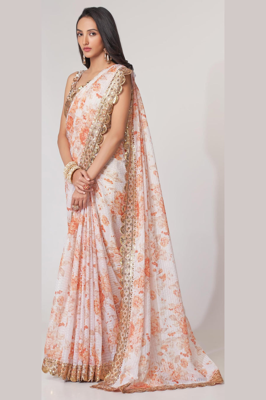 White Organza Silk Floral Saree Blouse With Underskirt & Fall Pico For Indian & Pakistani Wedding Festival - Sequins & Thread Embroidery Work, Print Work