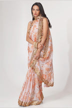 White Organza Silk Floral Saree Blouse With Underskirt & Fall Pico For Indian & Pakistani Wedding Festival - Sequins & Thread Embroidery Work, Print Work