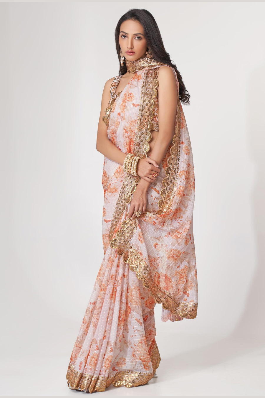 White Organza Silk Floral Saree Blouse With Underskirt & Fall Pico For Indian & Pakistani Wedding Festival - Sequins & Thread Embroidery Work, Print Work