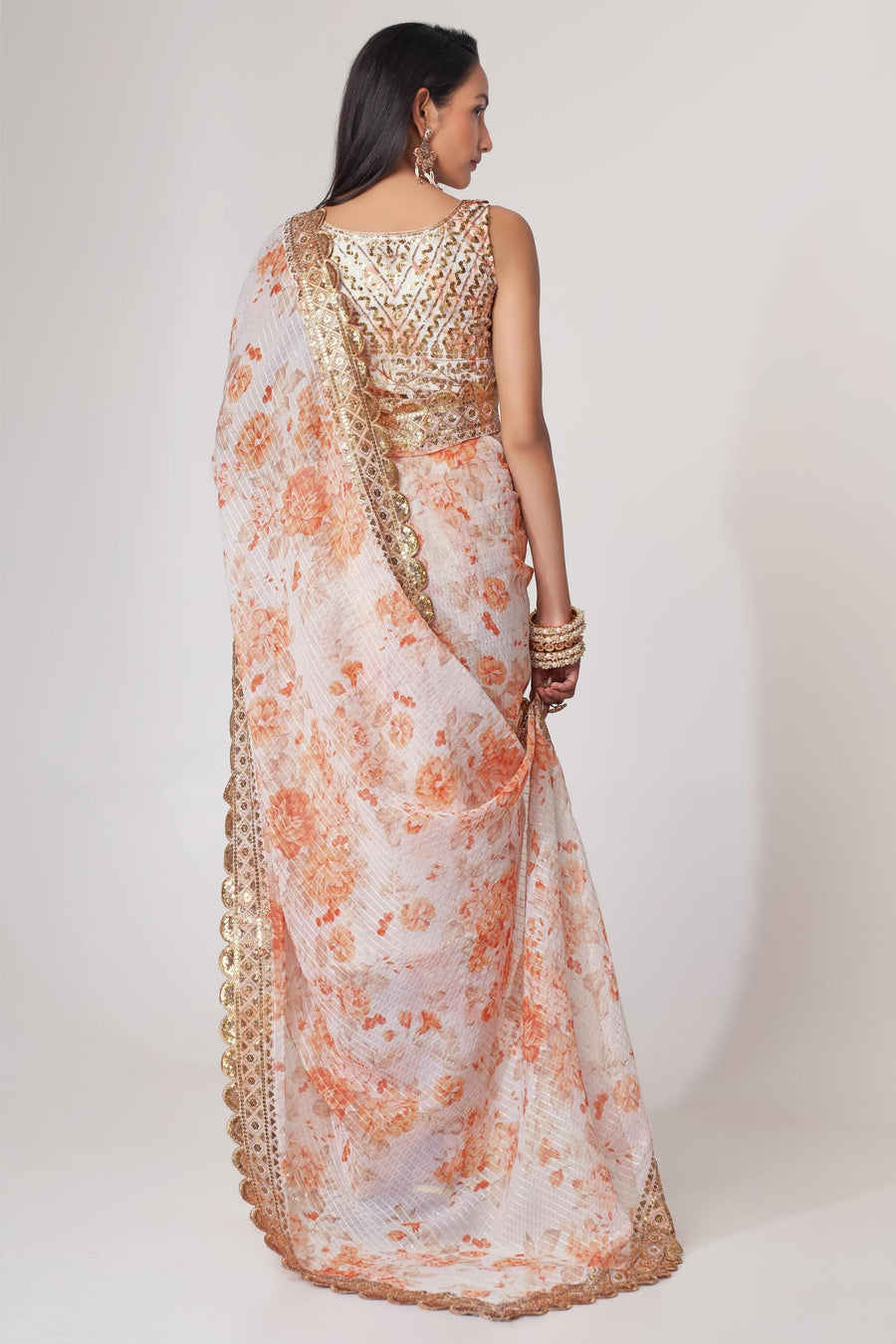 White Organza Silk Floral Saree Blouse With Underskirt & Fall Pico For Indian & Pakistani Wedding Festival - Sequins & Thread Embroidery Work, Print Work