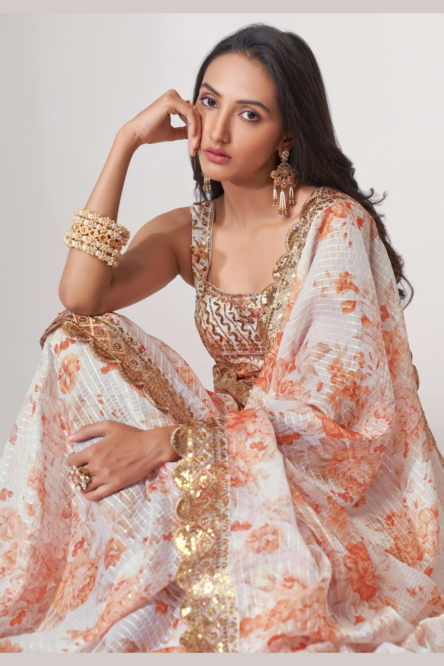 White Organza Silk Floral Saree Blouse With Underskirt & Fall Pico For Indian & Pakistani Wedding Festival - Sequins & Thread Embroidery Work, Print Work