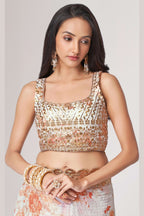 White Organza Silk Floral Saree Blouse With Underskirt & Fall Pico For Indian & Pakistani Wedding Festival - Sequins & Thread Embroidery Work, Print Work