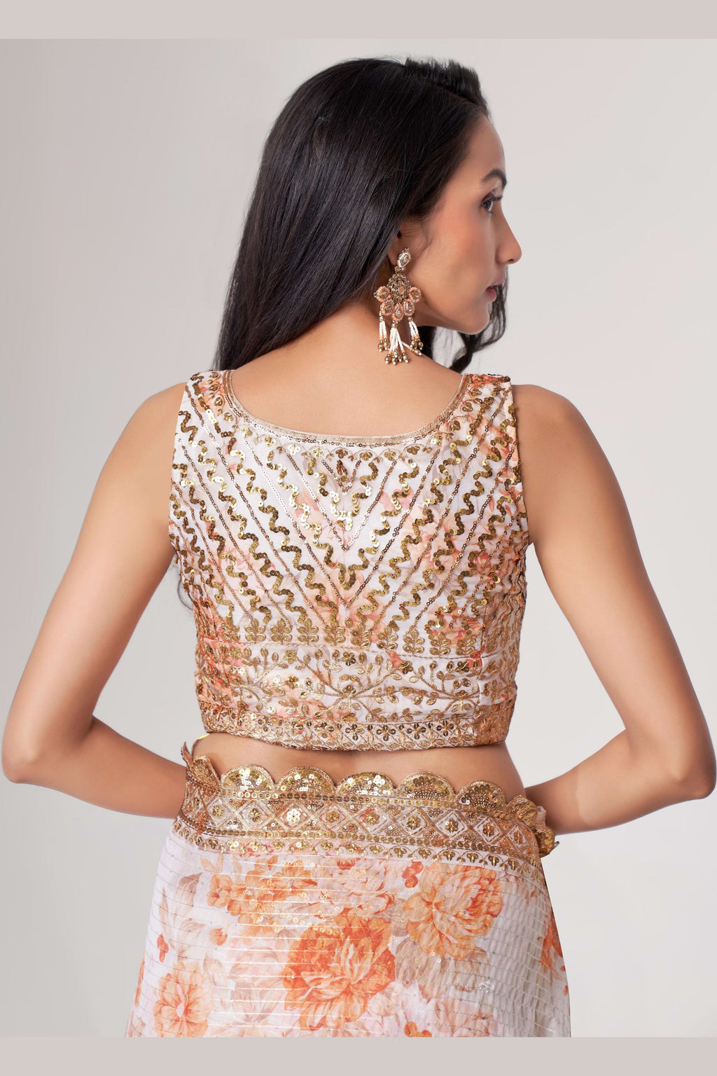 White Organza Silk Floral Saree Blouse With Underskirt & Fall Pico For Indian & Pakistani Wedding Festival - Sequins & Thread Embroidery Work, Print Work