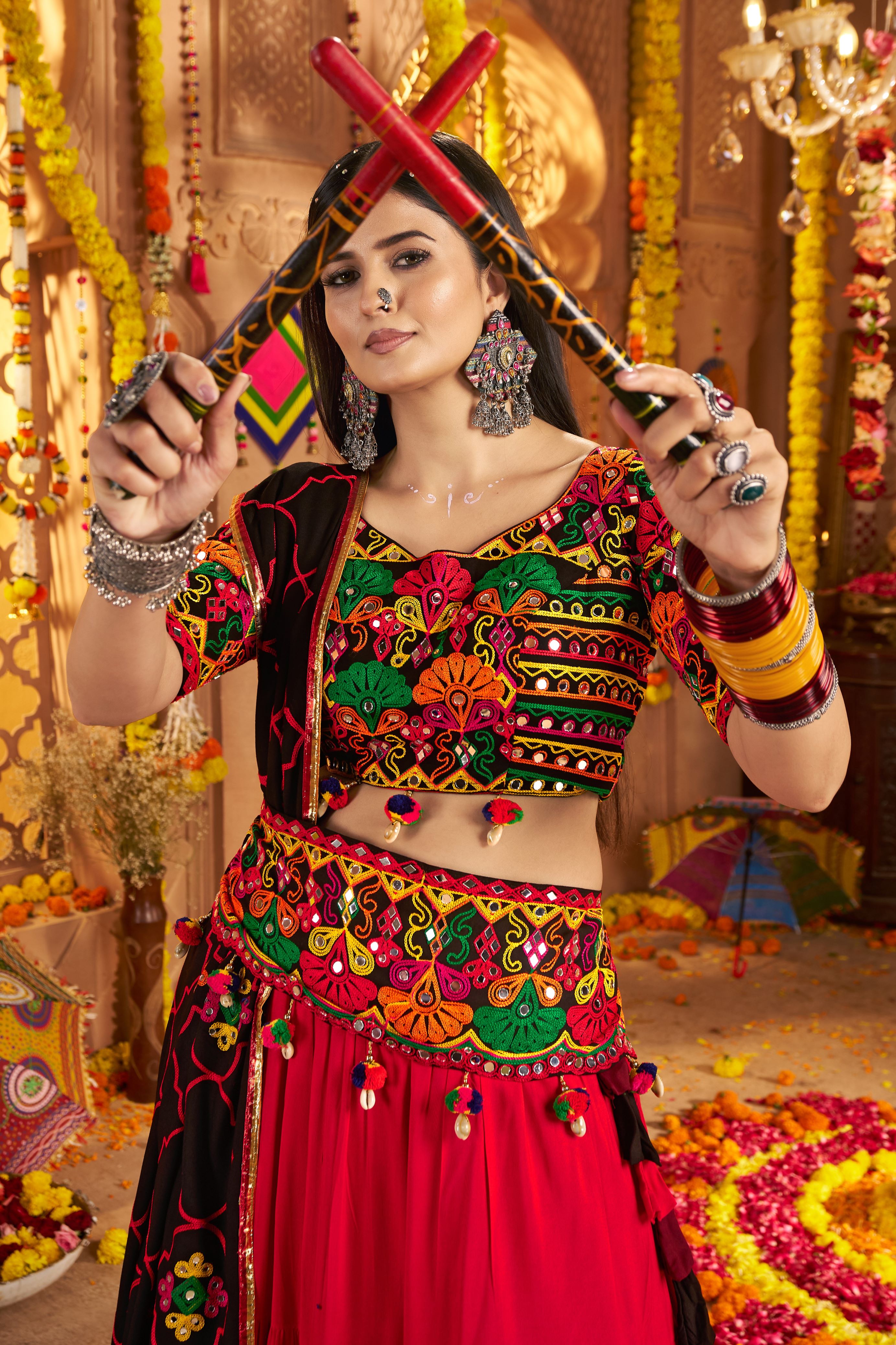 Multicolor Viscose Cotton Chaniya Choli For Navratri Garba Indian Festival 8 Meter Flair - Thread Embroidery Work, Real Mirror Work