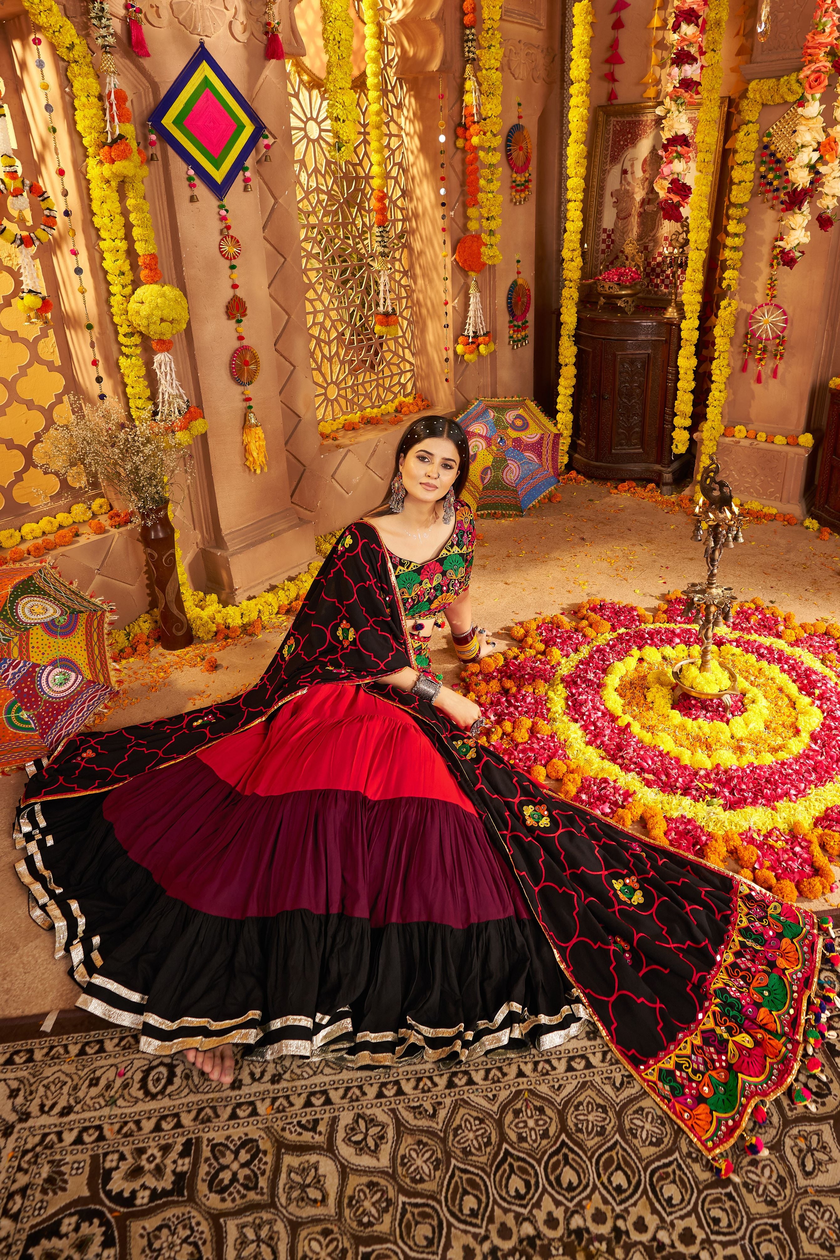 Multicolor Viscose Cotton Chaniya Choli For Navratri Garba Indian Festival 8 Meter Flair - Thread Embroidery Work, Real Mirror Work