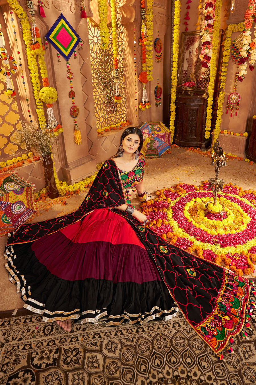 Multicolor Viscose Cotton Chaniya Choli For Navratri Garba Indian Festival 8 Meter Flair - Thread Embroidery Work, Real Mirror Work