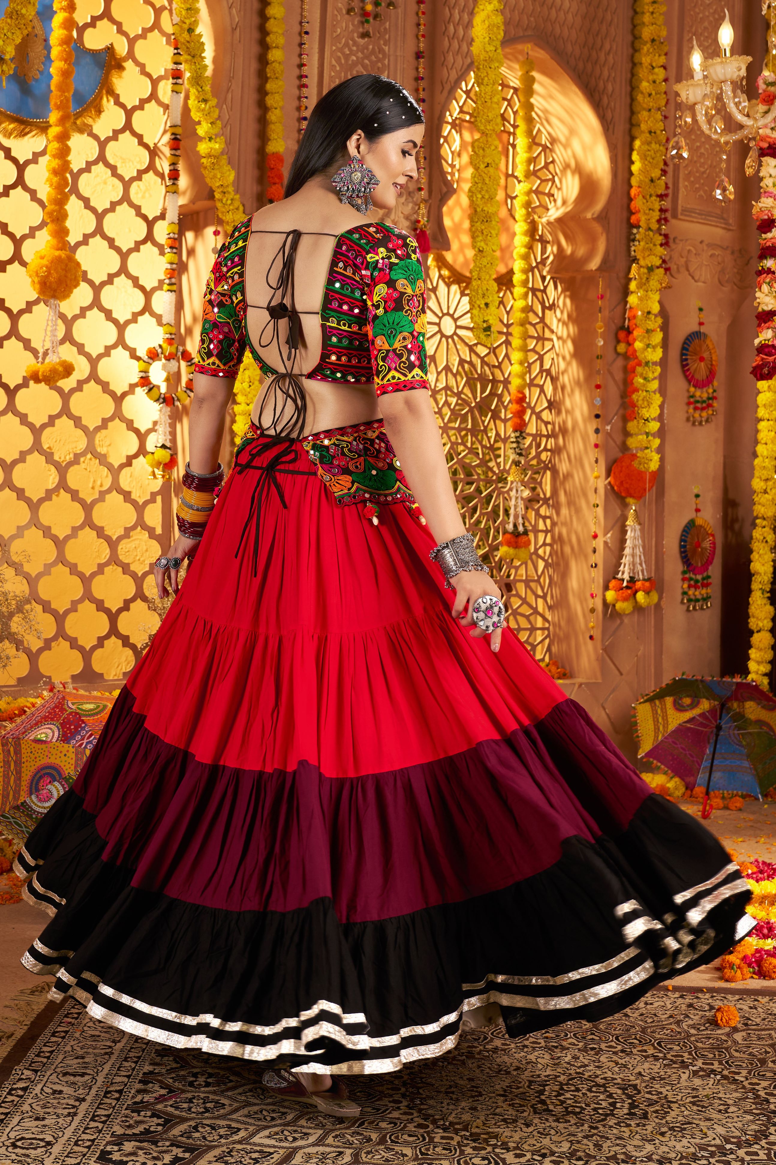 Multicolor Viscose Cotton Chaniya Choli For Navratri Garba Indian Festival 8 Meter Flair - Thread Embroidery Work, Real Mirror Work