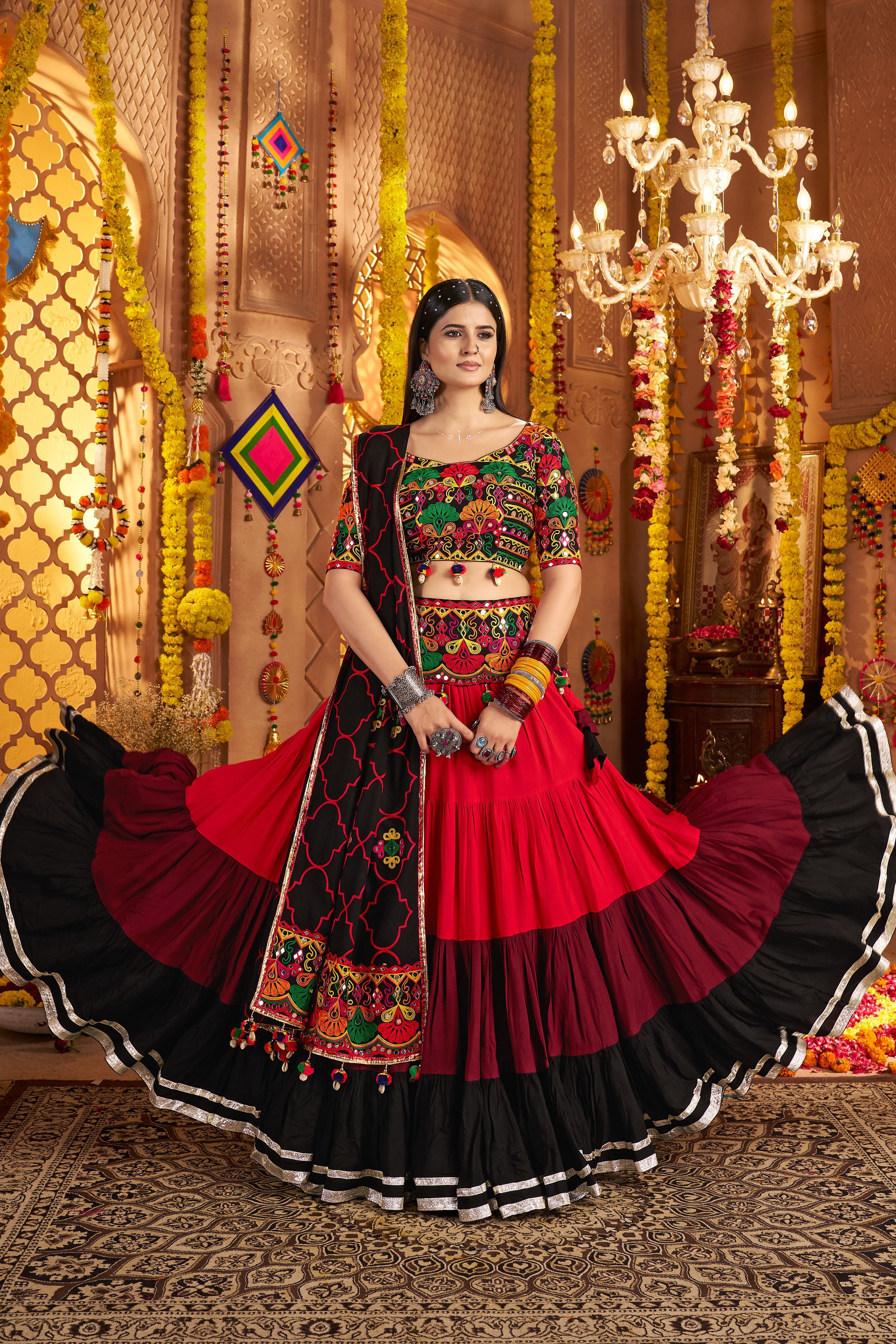 Multicolor Viscose Cotton Chaniya Choli For Navratri Garba Indian Festival 8 Meter Flair - Thread Embroidery Work, Real Mirror Work