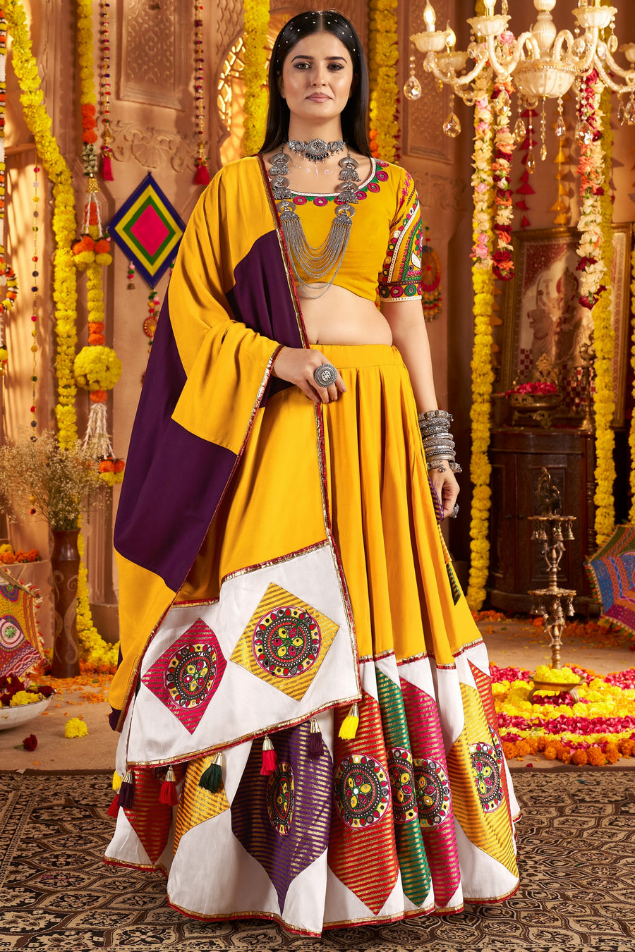 Mustard Yellow Viscose Cotton Navratri Chaniya Choli For Indian Garba Festival 8 Meter Flair - Thread Embroidery Work, Jacquard Patch Work, Real Mirror Work