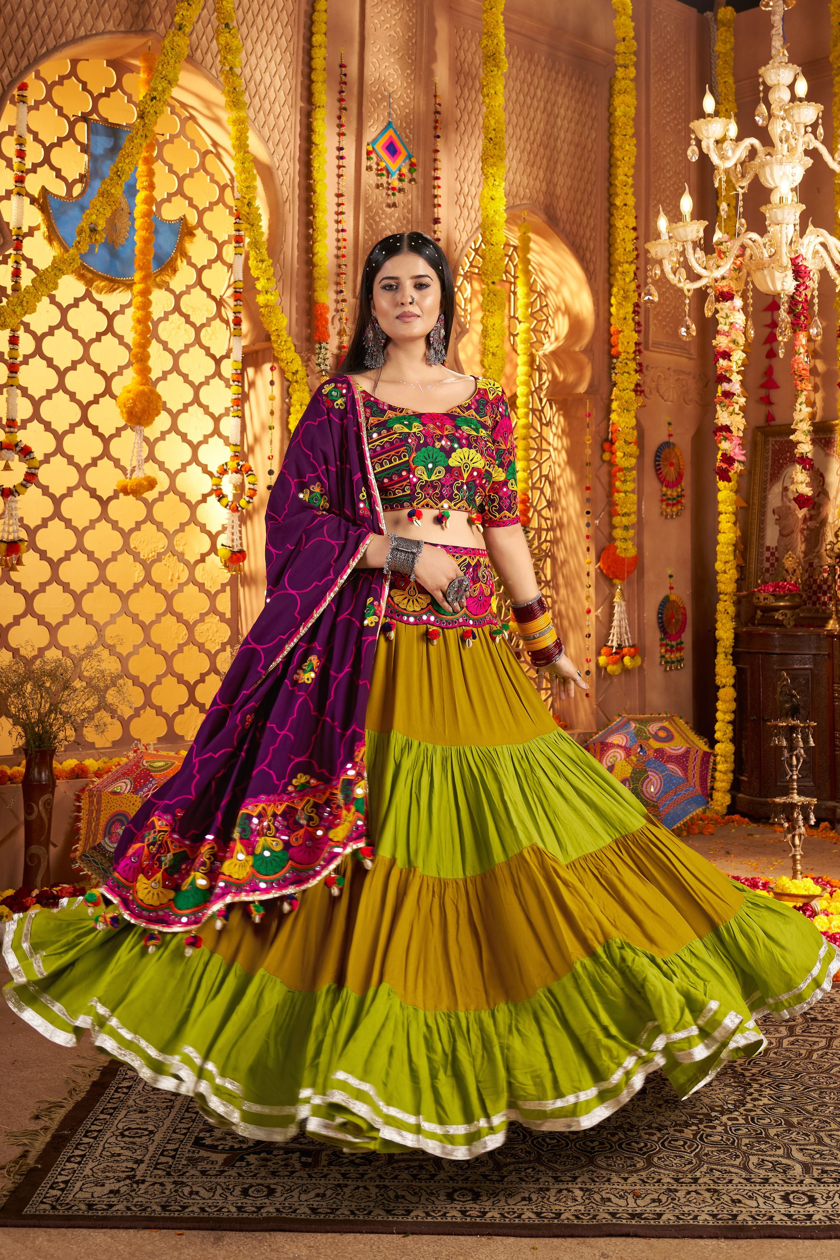 Multicolor Viscose Cotton Chaniya Choli For Indian Navratri Garba Festival 8 Meter Flair - Thread Embroidery Work, Real Mirror Work