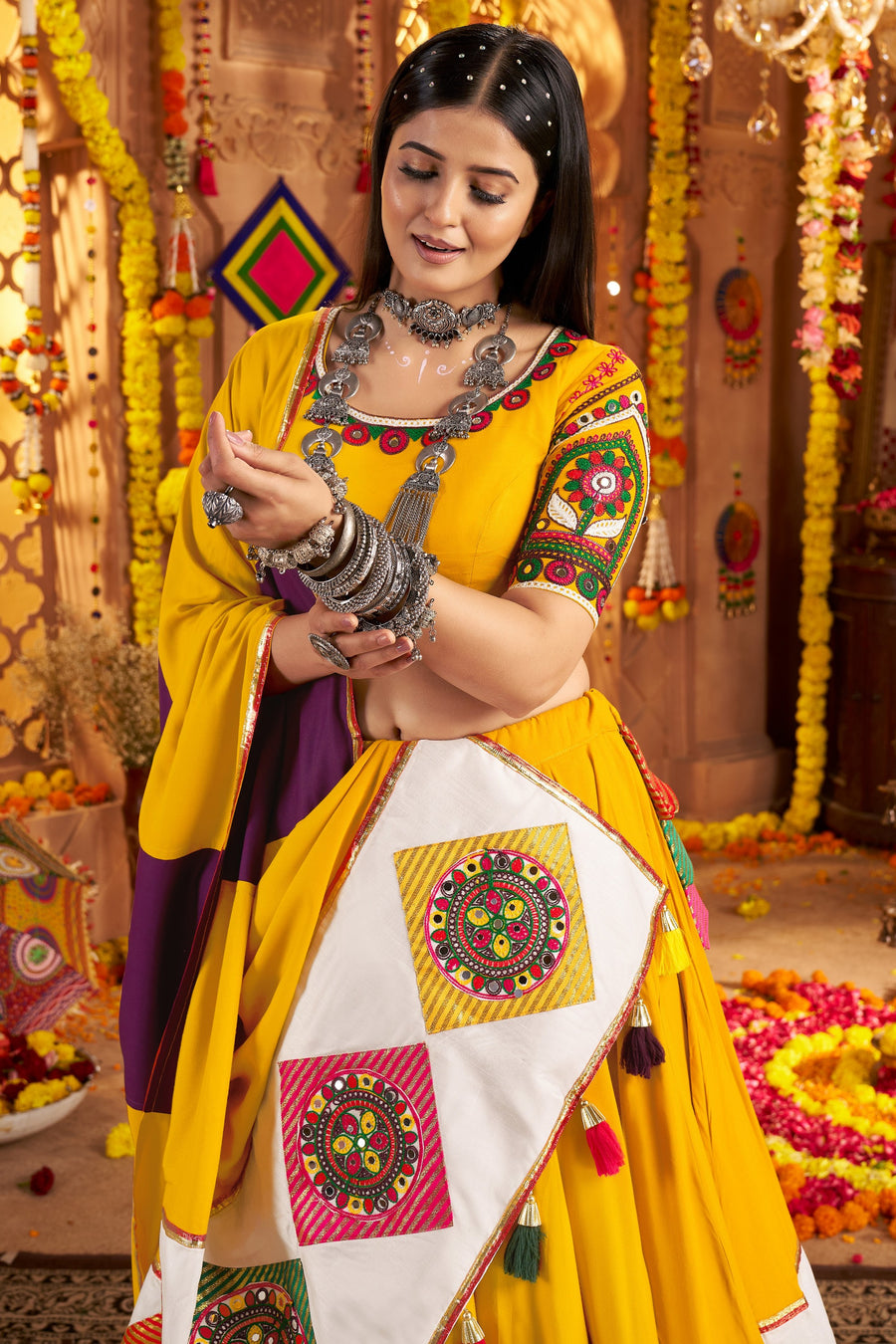 Mustard Yellow Viscose Cotton Navratri Chaniya Choli For Indian Garba Festival 8 Meter Flair - Thread Embroidery Work, Jacquard Patch Work, Real Mirror Work