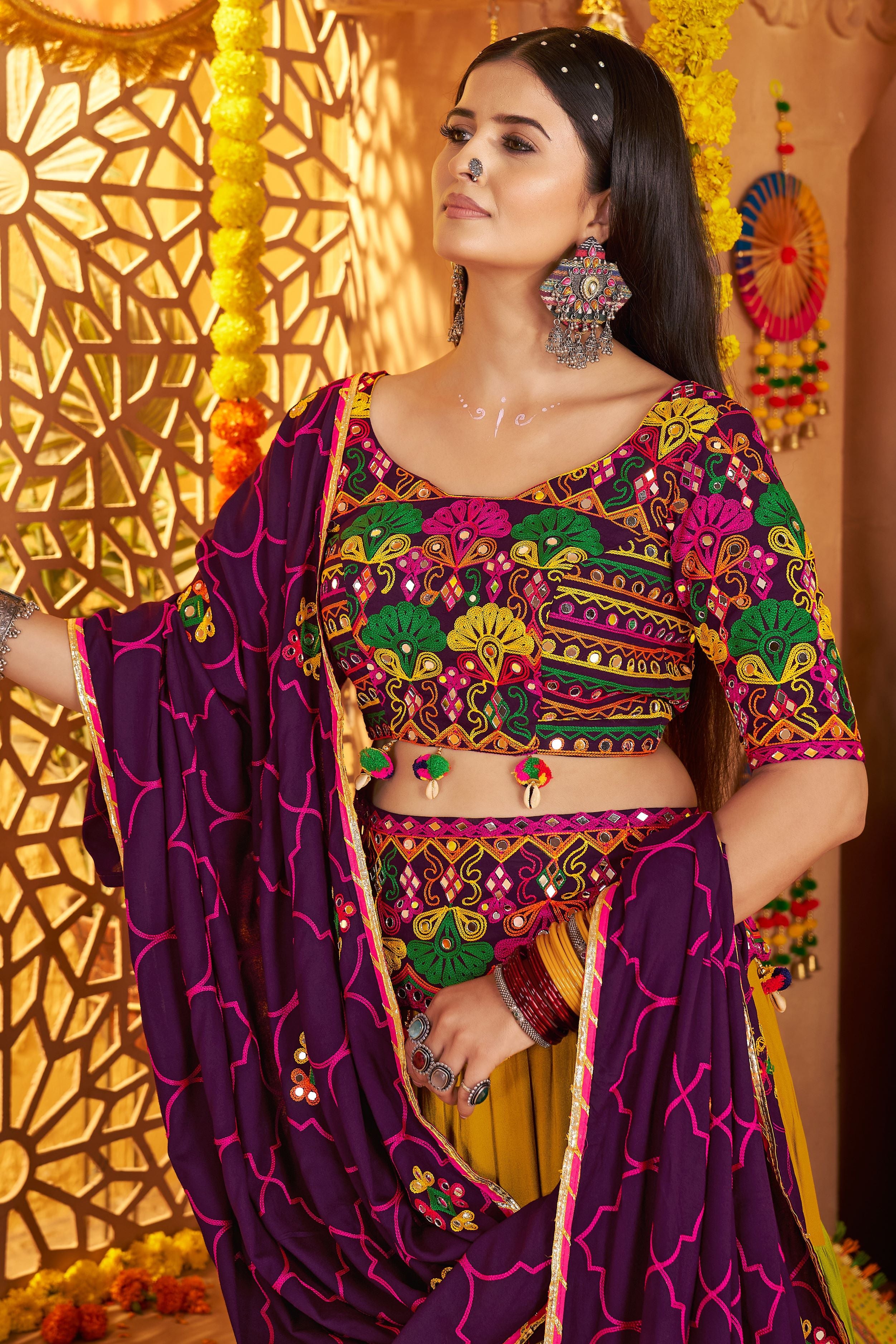 Multicolor Viscose Cotton Chaniya Choli For Indian Navratri Garba Festival 8 Meter Flair - Thread Embroidery Work, Real Mirror Work