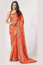 Orange Organza Silk Floral Saree Blouse With Underskirt & Fall Pico For Indian & Pakistani Wedding Festival - Sequins & Thread Embroidery Work, Print Work