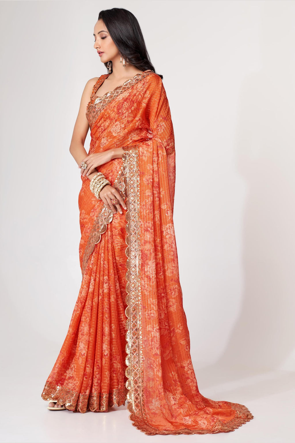 Orange Organza Silk Floral Saree Blouse With Underskirt & Fall Pico For Indian & Pakistani Wedding Festival - Sequins & Thread Embroidery Work, Print Work