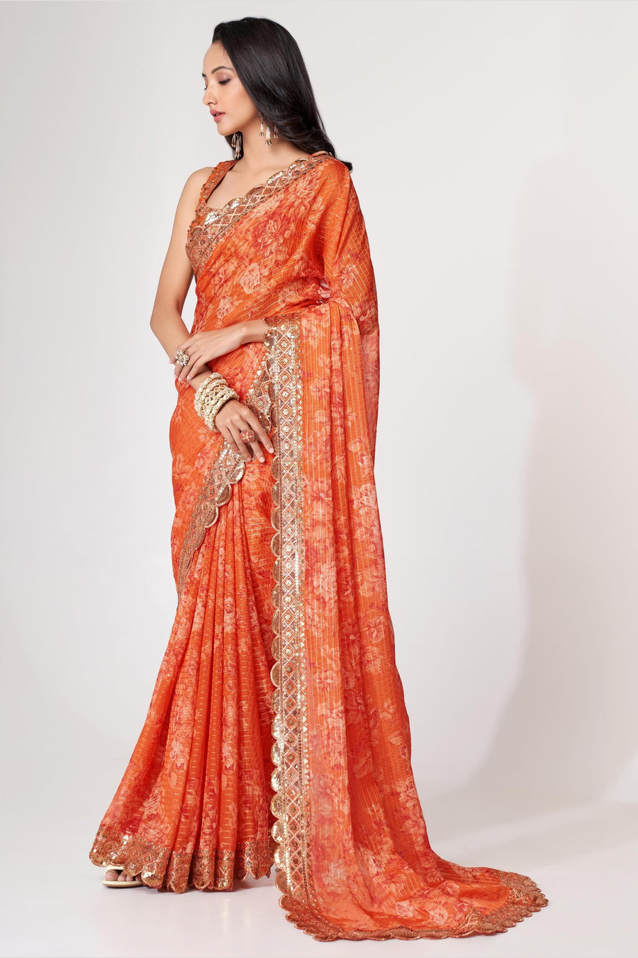 Orange Organza Silk Floral Saree Blouse With Underskirt & Fall Pico For Indian & Pakistani Wedding Festival - Sequins & Thread Embroidery Work, Print Work