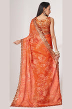 Orange Organza Silk Floral Saree Blouse With Underskirt & Fall Pico For Indian & Pakistani Wedding Festival - Sequins & Thread Embroidery Work, Print Work