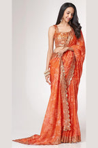Orange Organza Silk Floral Saree Blouse With Underskirt & Fall Pico For Indian & Pakistani Wedding Festival - Sequins & Thread Embroidery Work, Print Work