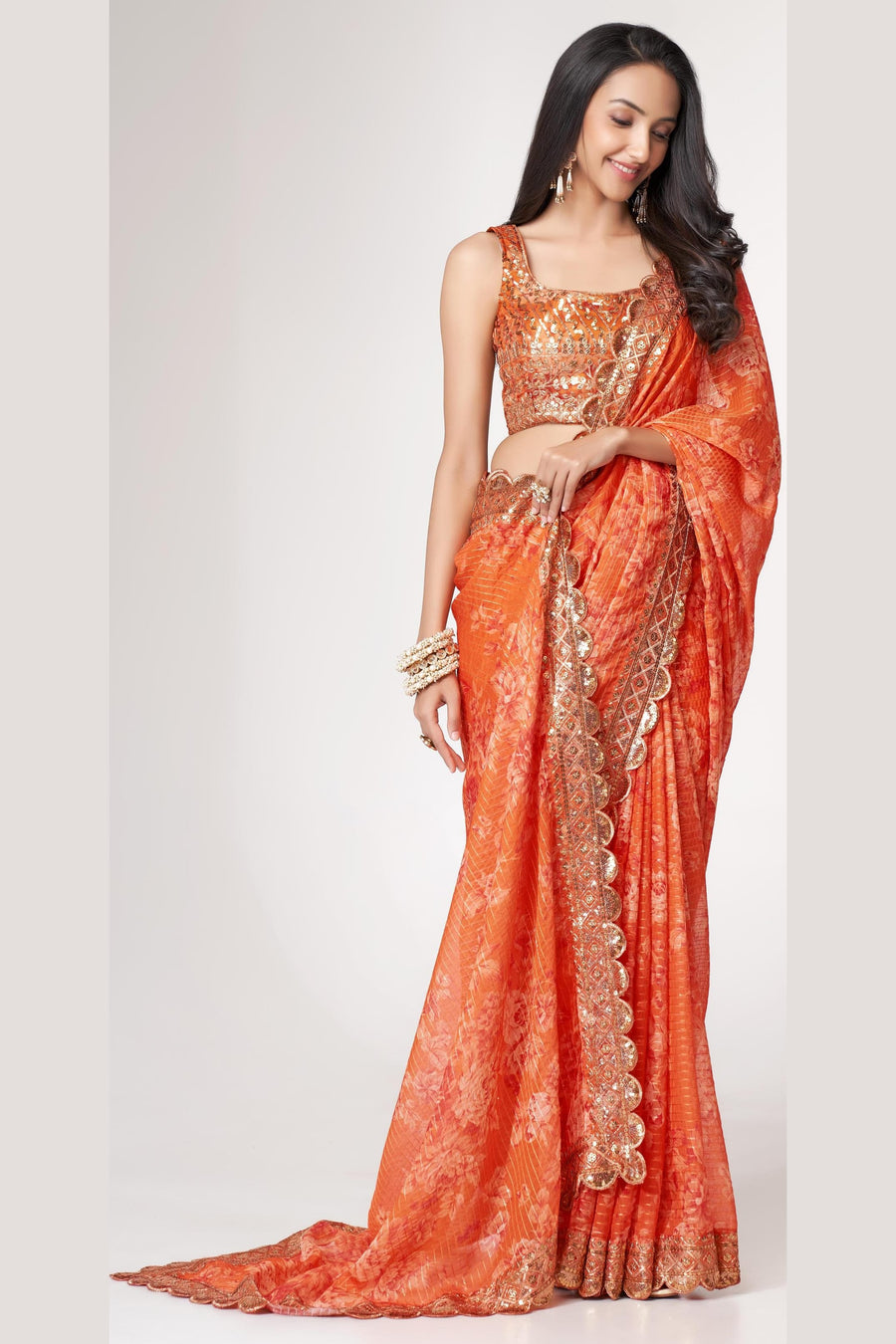 Orange Organza Silk Floral Saree Blouse With Underskirt & Fall Pico For Indian & Pakistani Wedding Festival - Sequins & Thread Embroidery Work, Print Work