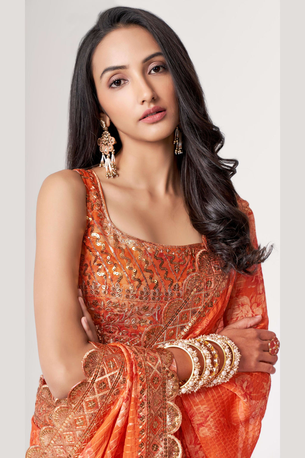 Orange Organza Silk Floral Saree Blouse With Underskirt & Fall Pico For Indian & Pakistani Wedding Festival - Sequins & Thread Embroidery Work, Print Work