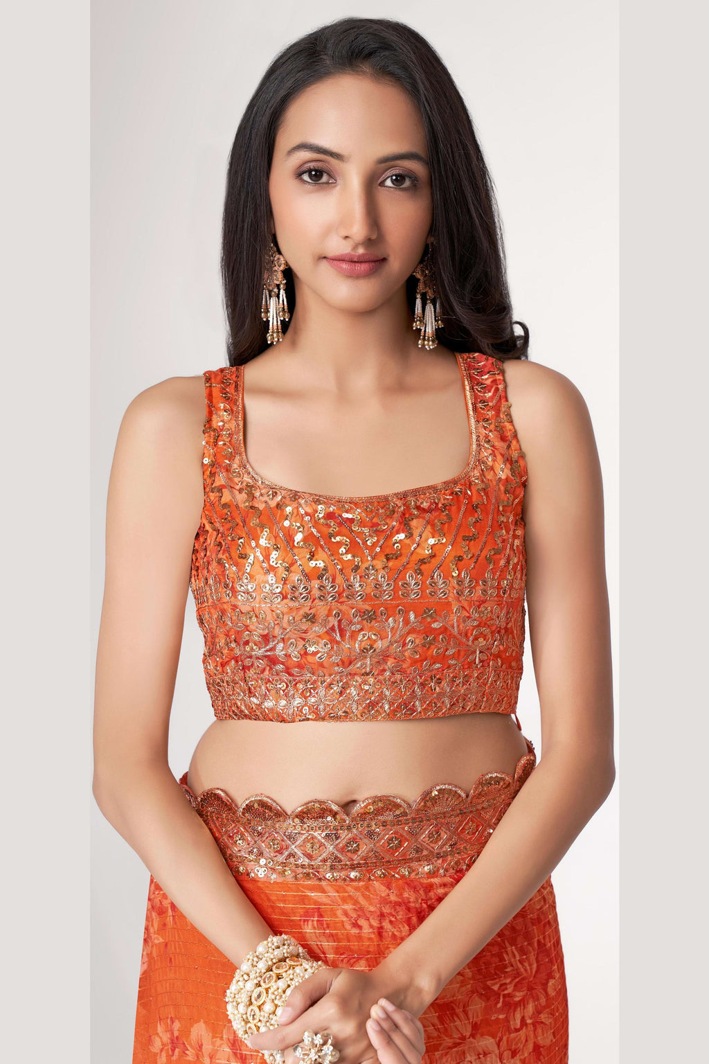 Orange Organza Silk Floral Saree Blouse With Underskirt & Fall Pico For Indian & Pakistani Wedding Festival - Sequins & Thread Embroidery Work, Print Work
