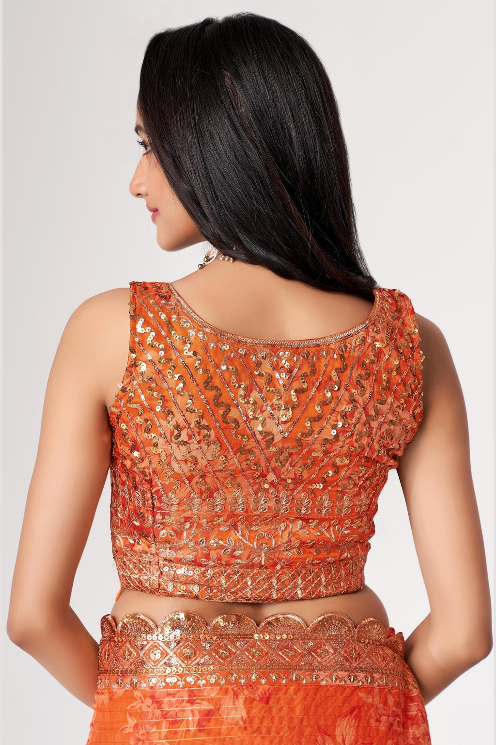 Orange Organza Silk Floral Saree Blouse With Underskirt & Fall Pico For Indian & Pakistani Wedding Festival - Sequins & Thread Embroidery Work, Print Work
