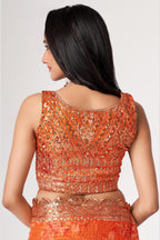 Orange Organza Silk Floral Saree Blouse With Underskirt & Fall Pico For Indian & Pakistani Wedding Festival - Sequins & Thread Embroidery Work, Print Work