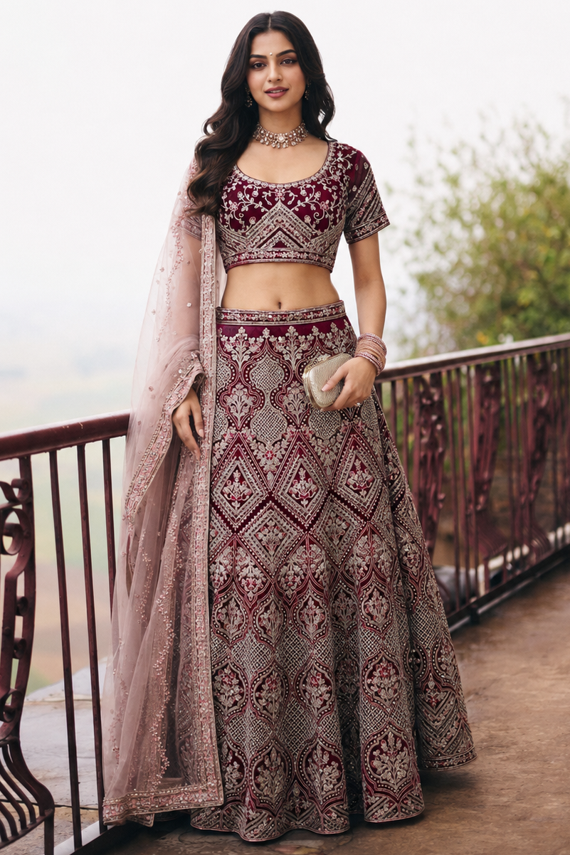A woman stands on an outdoor balcony wearing an embroidered Indian ethnic outfit consisting of a heavily embellished maroon  choli, a matching flared skirt with geometric patterns, and a sheer dupatta.