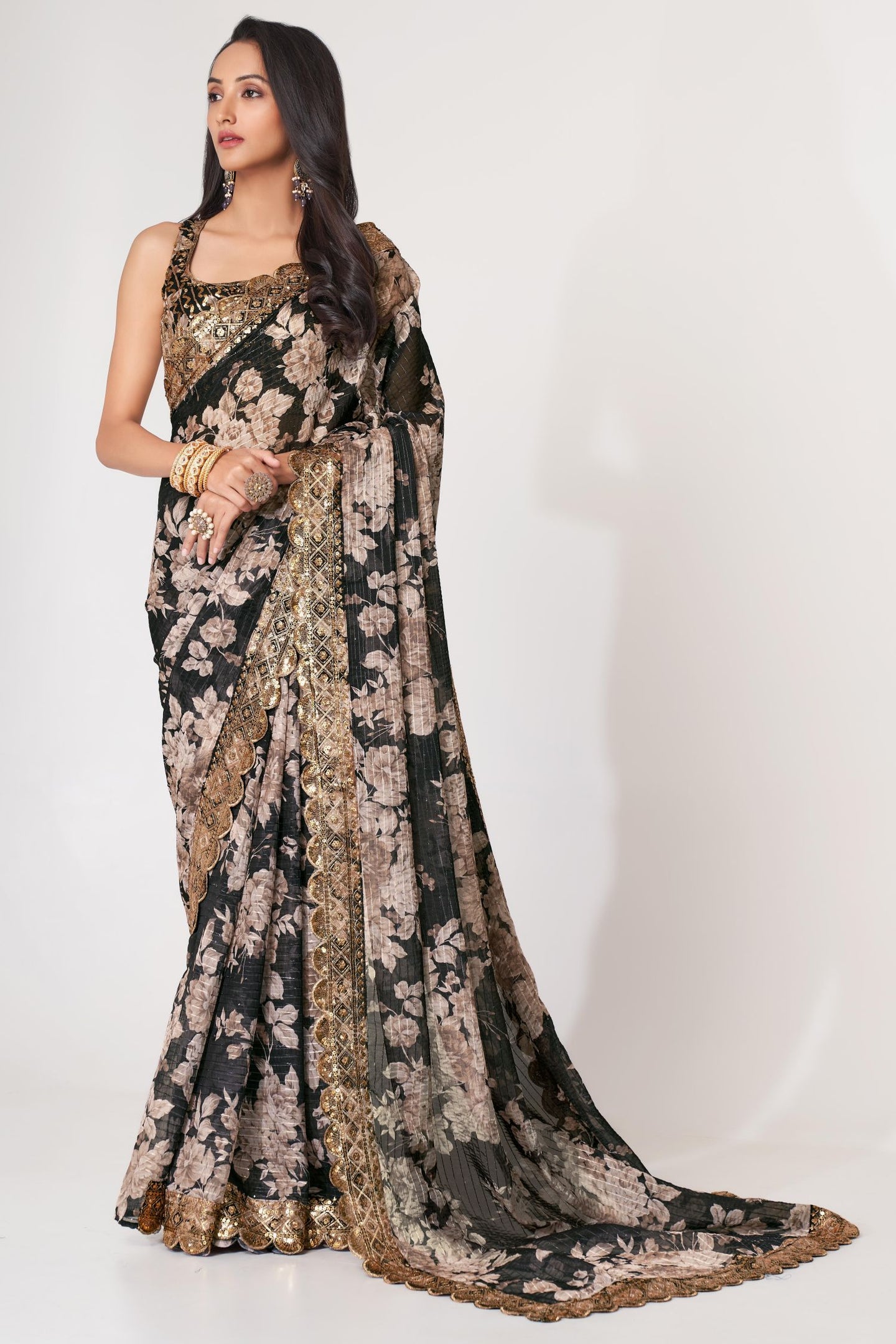 Black Organza Silk Floral Saree Blouse With Underskirt & Fall Pico For Indian & Pakistani Wedding Festival - Sequins & Thread Embroidery Work, Print Work